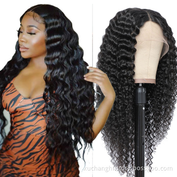 HF Wholesale Deep Wave 100% Brazilian Human Hair Lace Wig 4*4 Transparent Frontal Closure Lace Front Wig